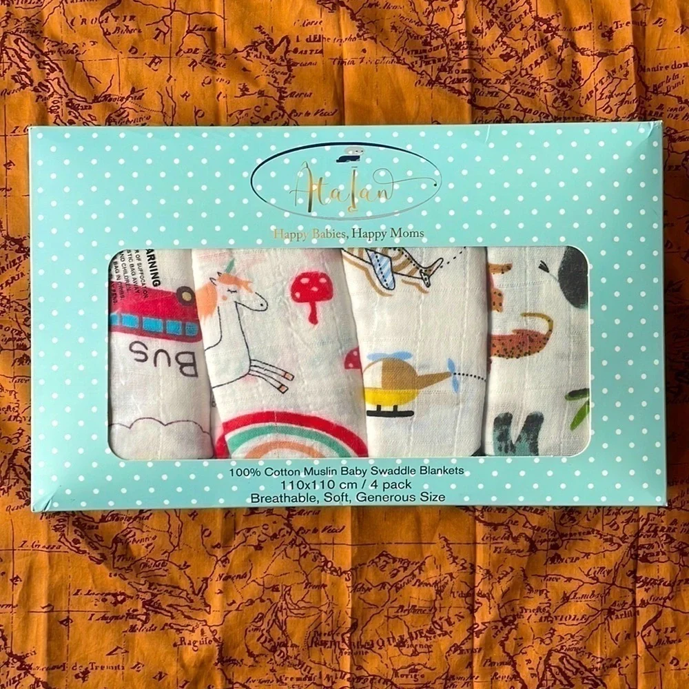Brand New Set of 4 100% Cotton Muslin Swaddle Blankets Gender Neutral 47”x44”